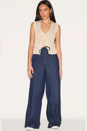 PRETTYLITTLETHING Petite Denim Relaxed Drawstring Wide Leg Jeans