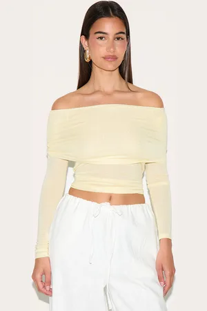 PRETTYLITTLETHING Sheer Soft Touch Fold Over Detail Bardot Long Sleeve Top