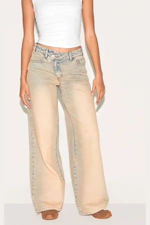 PRETTYLITTLETHING Stone Washed Asymmetrical Waistband Wide Leg Jeans