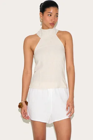 PRETTYLITTLETHING Beige Halterneck Lightweight Woven Top
