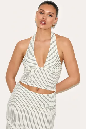 PRETTYLITTLETHING Cream Striped Halterneck Low Back Top