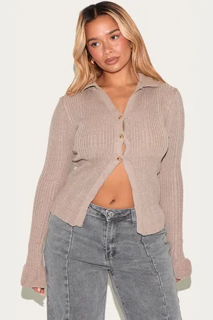 PRETTYLITTLETHING Shape Mocha Knitted Rib Button Front Split Hem Cardigan