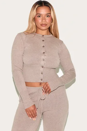 PRETTYLITTLETHING Shape Mocha Knitted Button Front Wide Rib Cardigan