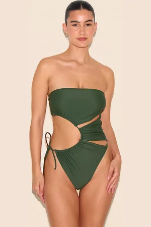 PRETTYLITTLETHING Khaki Bandeau Cut Out Tie Swimsuit