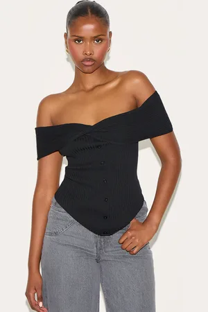 PRETTYLITTLETHING Rib Knit Twist Bardot Button Through Top