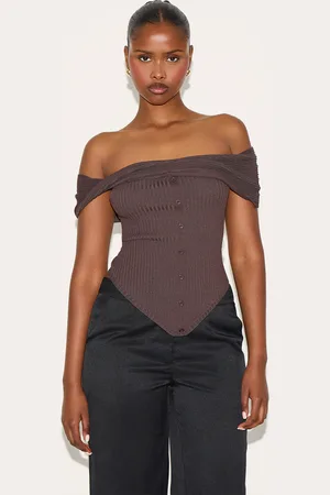 PRETTYLITTLETHING Rib Knit Twist Bardot Button Through Top
