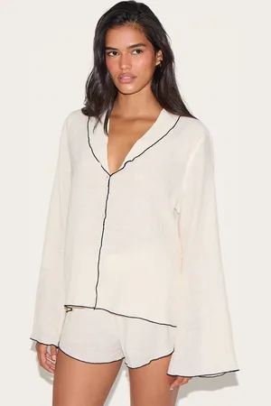 PRETTYLITTLETHING Linen Look Textured Contrast Trim Oversized Shirt