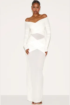 PRETTYLITTLETHING Cream Bandage Mesh Bardot Layered Ruched Maxi Dress