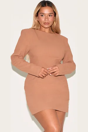 PRETTYLITTLETHING Shape Mocha Linen Look Boat Neck Shoulder Pad Mini Dress