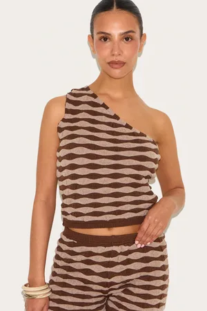 PRETTYLITTLETHING Petite Knitted One Shoulder Striped Long Fitted Top