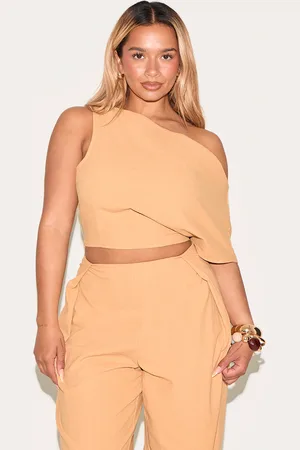 PRETTYLITTLETHING Shape Olive Linen Look Asymetrical Off The Shoulder Top