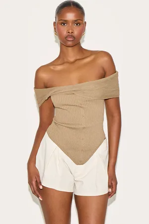PRETTYLITTLETHING Taupe Rib Knit Twist Bardot Button Through Top