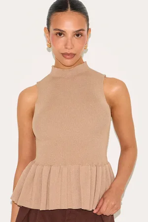 PRETTYLITTLETHING Petite Taupe Knitted High Neck Peplum Hem Long Top