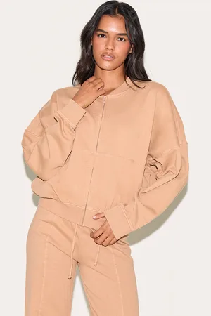PRETTYLITTLETHING Stone Washed Seam Detail Zip Up Bomber Style Sweatshirt