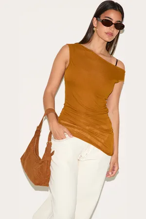 PRETTYLITTLETHING Tan Sheer Soft Touch Cowl Neck Long Vest Top