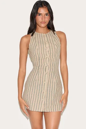 PRETTYLITTLETHING Stone Pinstripe Button Down Shift Dress