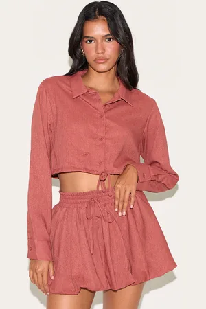 PRETTYLITTLETHING Rust Linen Look Drawstring Cropped Shirt