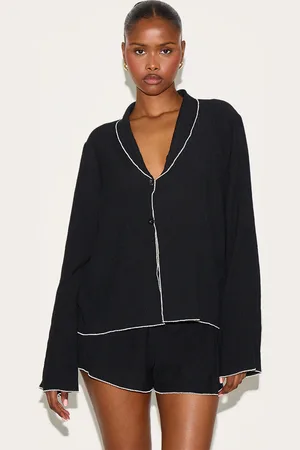 PRETTYLITTLETHING Linen Look Textured Contrast Trim Oversized Shirt