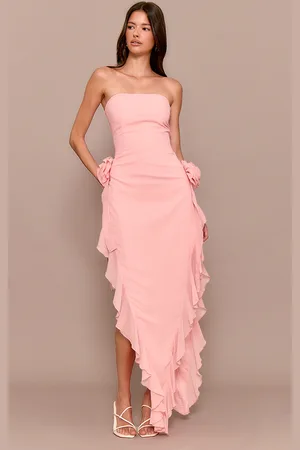 PRETTYLITTLETHING Blush Floral Bandeau Corsage Frill Detail Midaxi Dress