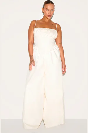 PRETTYLITTLETHING Plus Cream Premium Ruched Corset Detail Wide Leg Jumpsuit