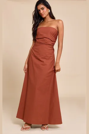 PRETTYLITTLETHING Rust Bandeau Ruched Waist Detail Maxi Dress