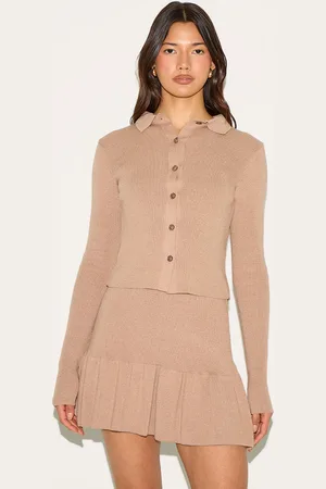 PRETTYLITTLETHING Mocha Knitted Button Through Top