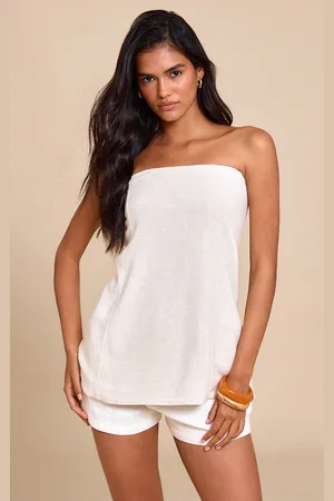 PRETTYLITTLETHING Taupe Linen Look Bandeau Long Line Top