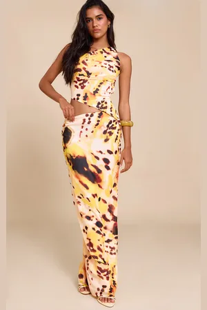 PRETTYLITTLETHING Brown Abstract Print Chiffon Maxi Skirt