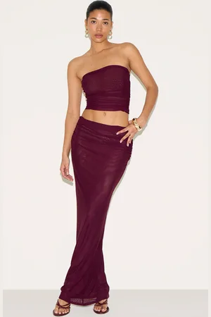 PRETTYLITTLETHING Wine Chiffon Mesh Maxi Skirt