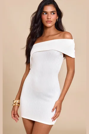 PRETTYLITTLETHING Cream Textured One Shoulder Bardot Bodycon Dress