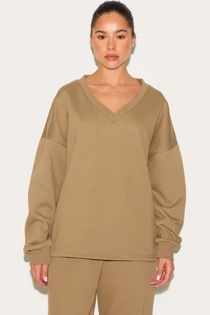 PRETTYLITTLETHING Taupe Oversized V Neck Sweatshirt