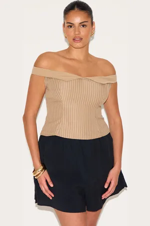 PRETTYLITTLETHING Plus Striped Peach Skin Bardot Long Top