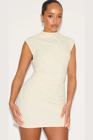 PRETTYLITTLETHING Shape Cream Linen Look Boat Neck Ruched Side Mini Dress