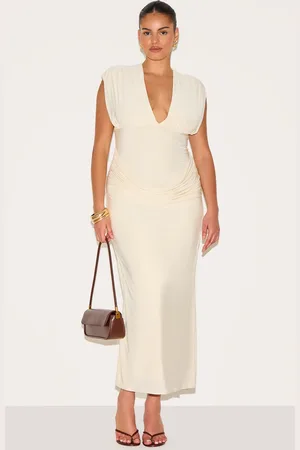 PRETTYLITTLETHING Plus Cream Double Layer Plunge Ruched Shoulder Drape Waist Maxi Dress