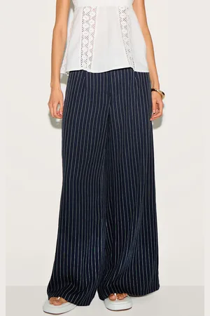 PRETTYLITTLETHING Navy Maxi Pinstripe Tailored Woven Straight Leg Trousers