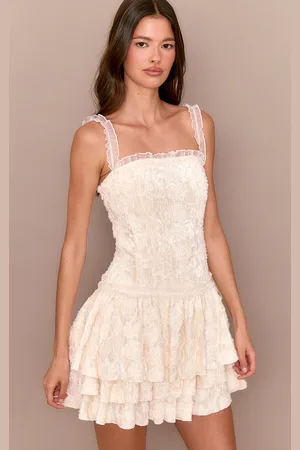 PRETTYLITTLETHING Cream Devore Lace Bardot Bodycon Dress