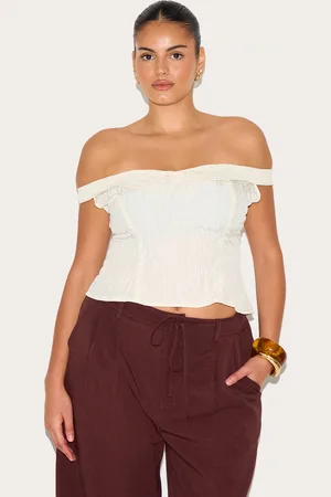 PRETTYLITTLETHING Plus Peach Skin Striped Bardot Long Top