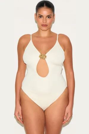 PRETTYLITTLETHING Plus Cream Textured Flower Trim Plunge Swimsuit