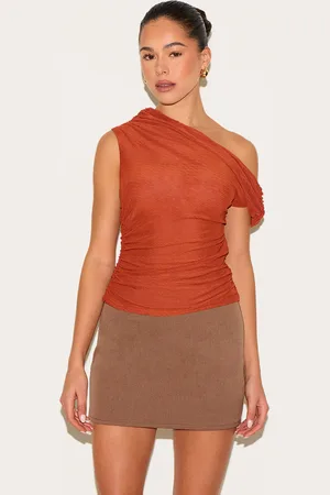 PRETTYLITTLETHING Burnt Mesh Ruched Detail Asymmetric Top
