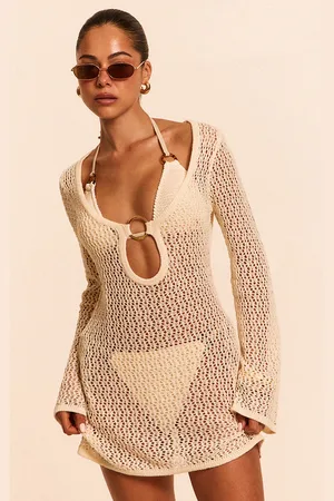 PRETTYLITTLETHING Cream Crochet O Ring Mini Beach Dress