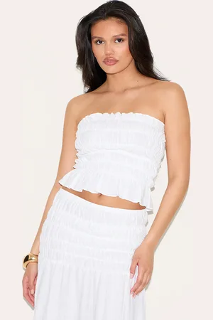 PRETTYLITTLETHING Shirred Linen Look Bandeau Top