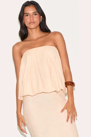 PRETTYLITTLETHING Linen Look Ruched Longline Bandeau Top