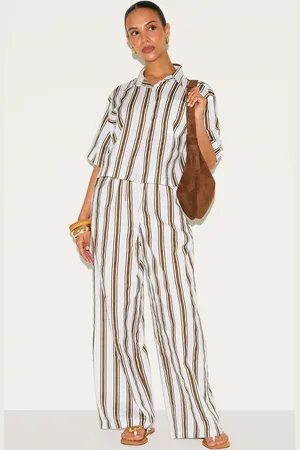 PRETTYLITTLETHING Petite Beige Linen Look Striped Wide Leg Trousers