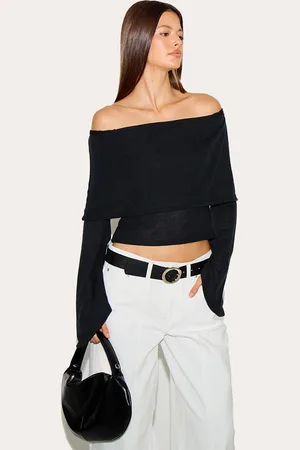 PRETTYLITTLETHING Textured Fold Over Bardot Extreme Flute Sleeve Long Top