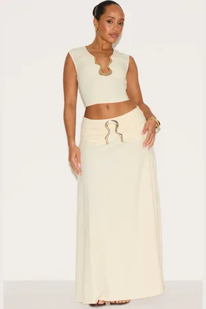 PRETTYLITTLETHING Shape Cream Linen Look Fold Gold Wave Trim Maxi Skirt