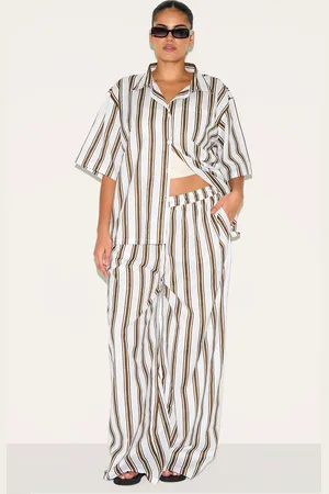 PRETTYLITTLETHING Plus Beige Striped Wide Leg Trousers