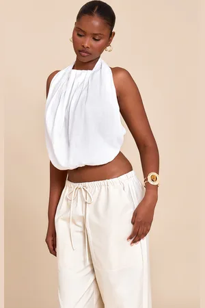 PRETTYLITTLETHING Linen Blend Highneck Backless Puffball Top