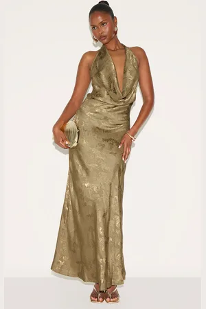PRETTYLITTLETHING Olive Satin Extreme Cowl Neck Maxi Dress