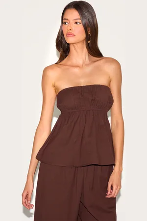 PRETTYLITTLETHING Linen Look Peplum Bandeau Top