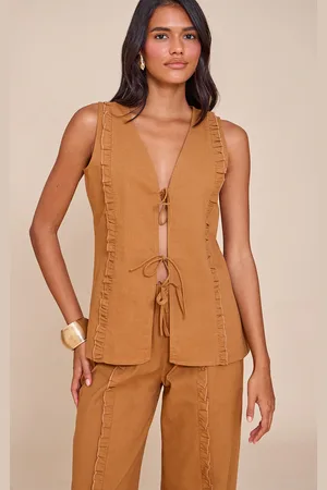 PRETTYLITTLETHING Tan Tie Front Linen Look Sleeveless Top